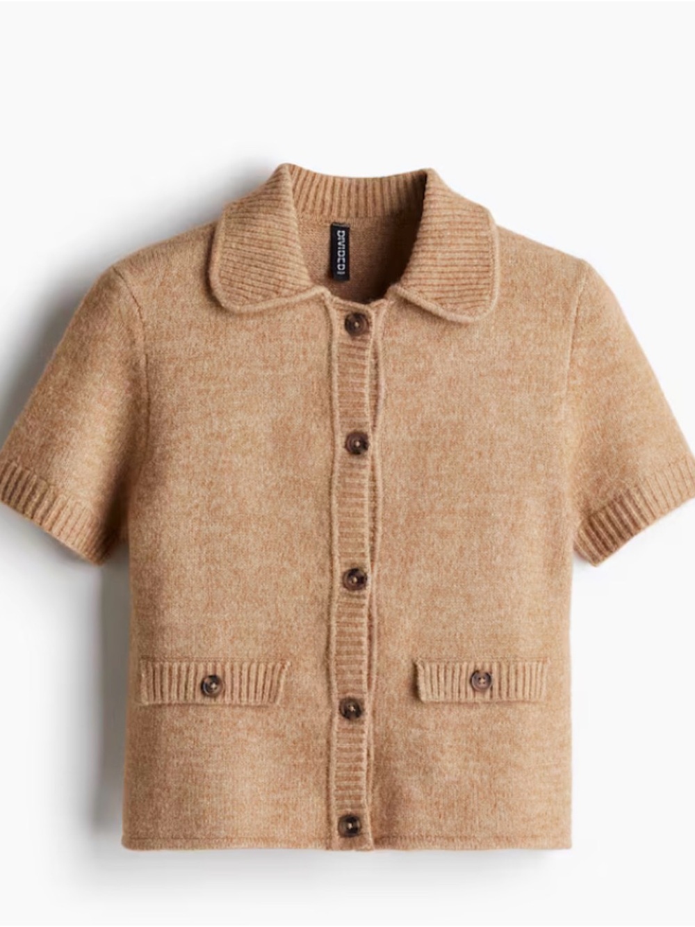 Divided Short-Sleeve Knit Cardigan in Camel Brown